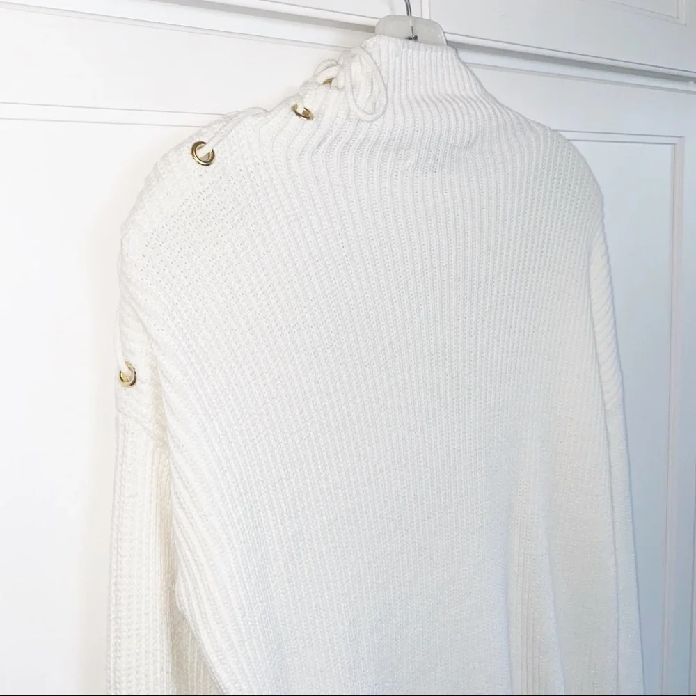 J. Crew White Ribbed Tunic Lace-up Shoulder Knit Sweater Mock Neck #L1206 Small